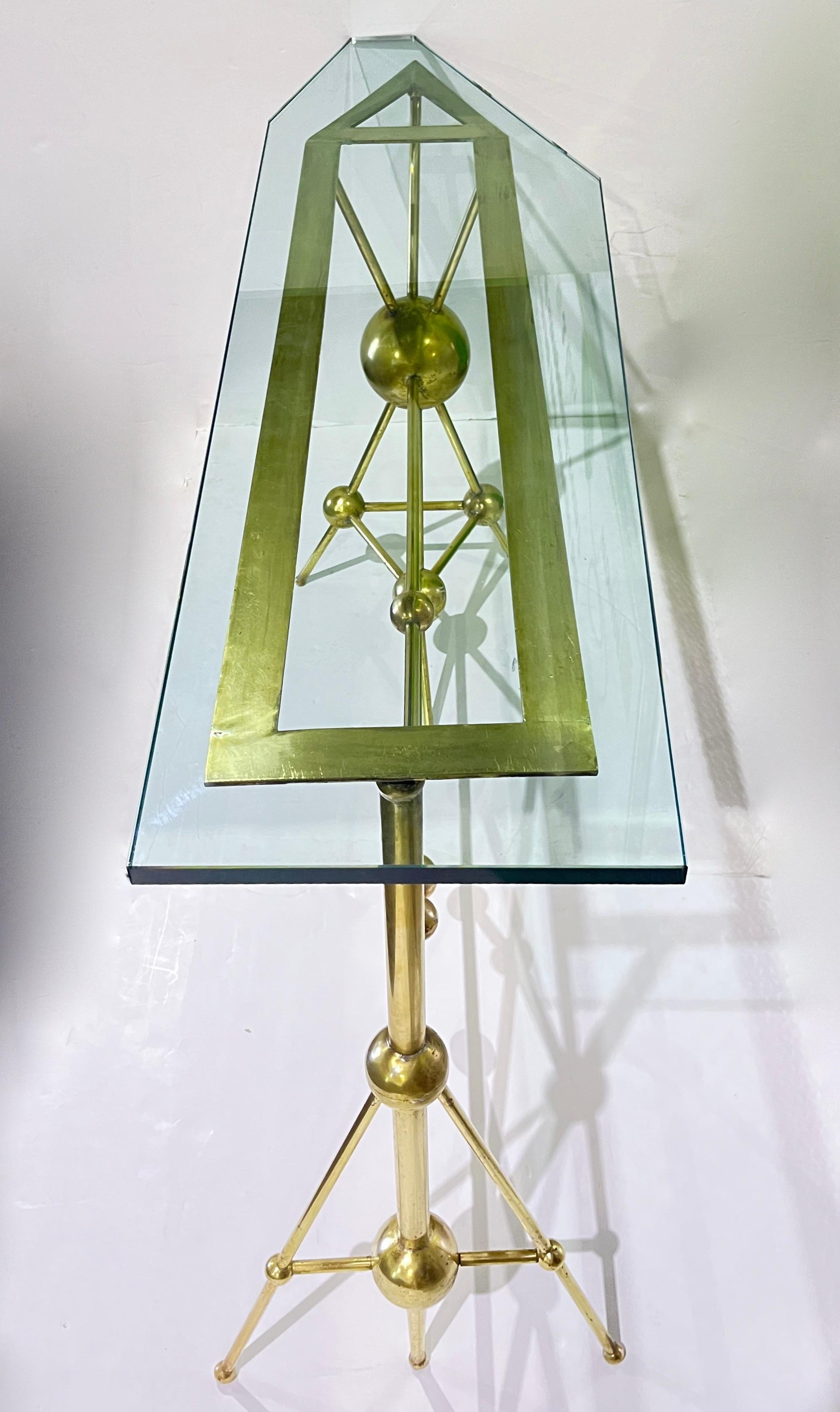 Beveled Italian Modern Atomic Planet Design Slim Asymmetrical Brass Sphere Console Table For Sale