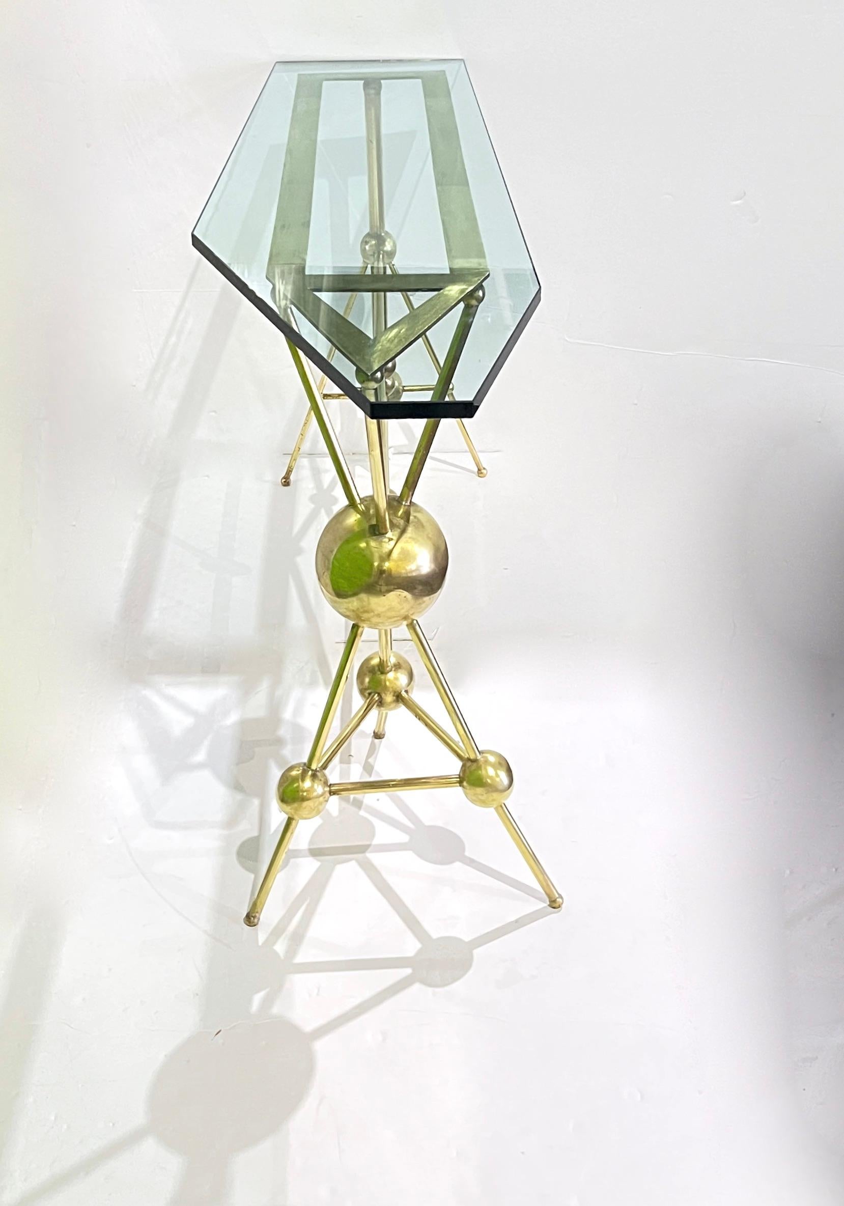 Contemporary Italian Modern Atomic Planet Design Slim Asymmetrical Brass Sphere Console Table For Sale