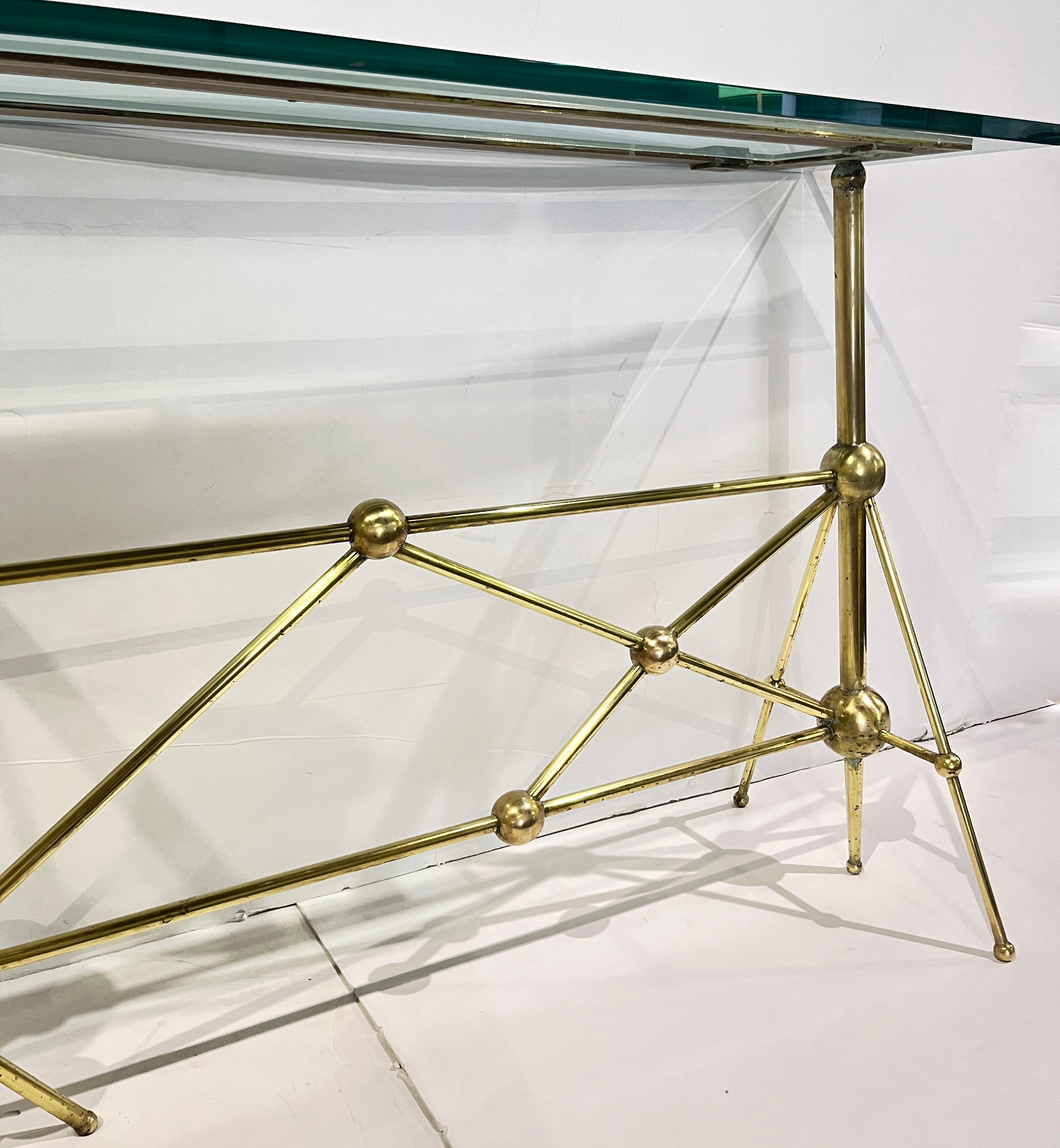 Italian Modern Atomic Planet Design Slim Asymmetrical Brass Sphere Console Table For Sale 1