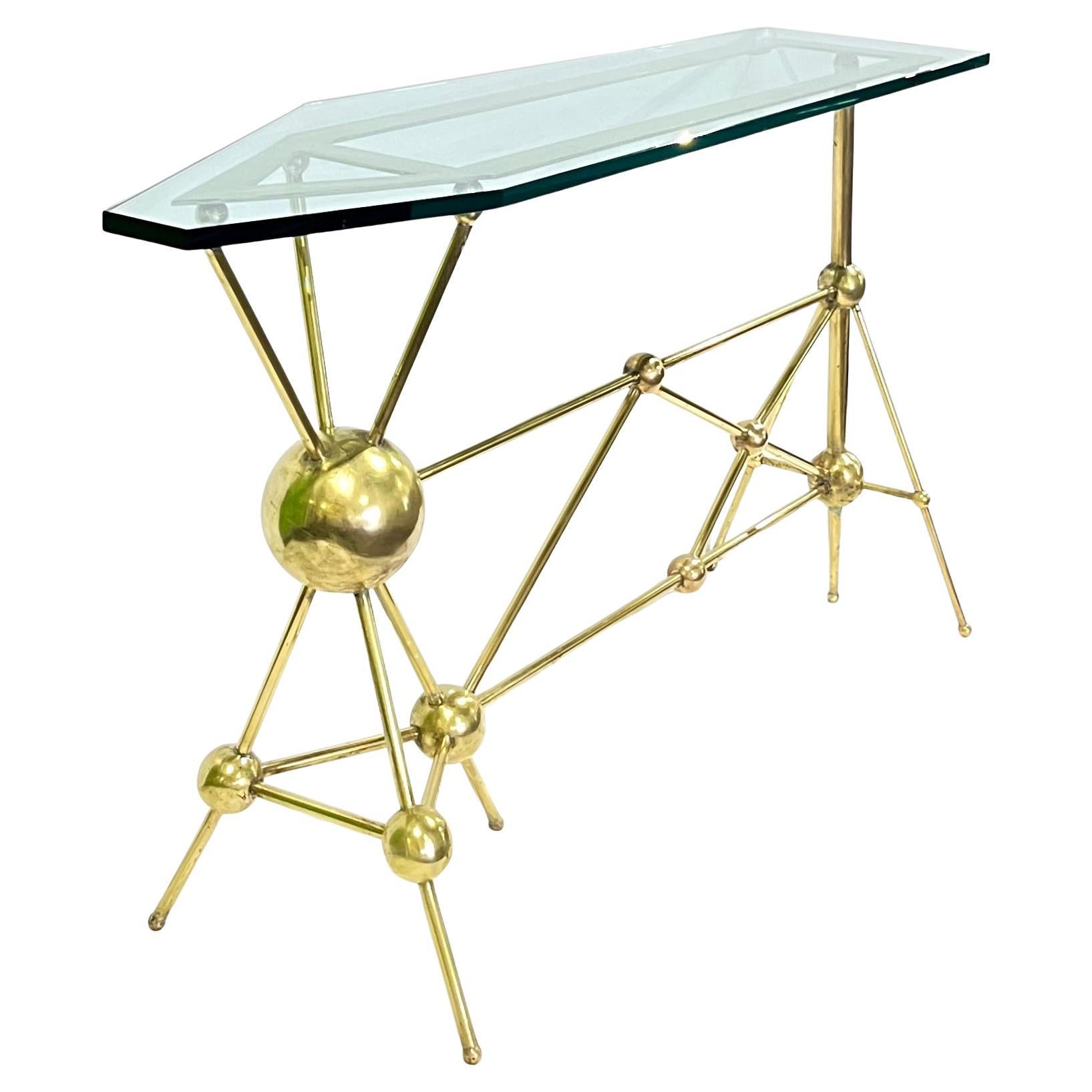 Italian Modern Atomic Planet Design Slim Asymmetrical Brass Sphere Console Table