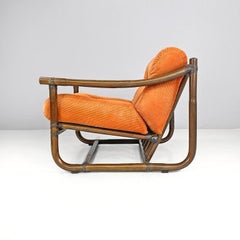 Italian modern bamboo armchair orange cushions Tito Agnoli for Bonacina, 1970s