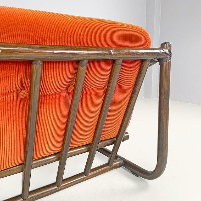 Sillón moderno italiano de bambú cojines naranja Tito Agnoli para Bonacina, años 70 finales del siglo XX en venta
