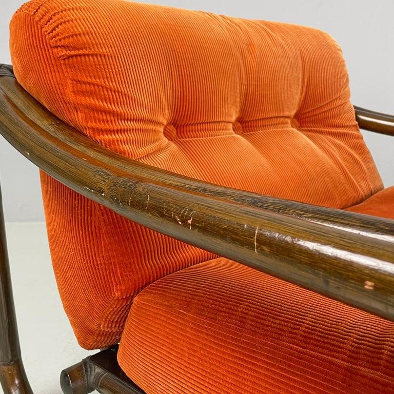 Sillón moderno italiano de bambú cojines naranja Tito Agnoli para Bonacina, años 70 en venta 2