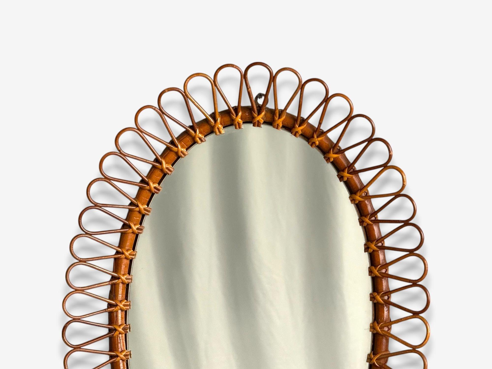 Espejo de pared ovalado, moderno italiano, bambú, caña, Italia, años 50 Moderno de mediados de siglo en venta