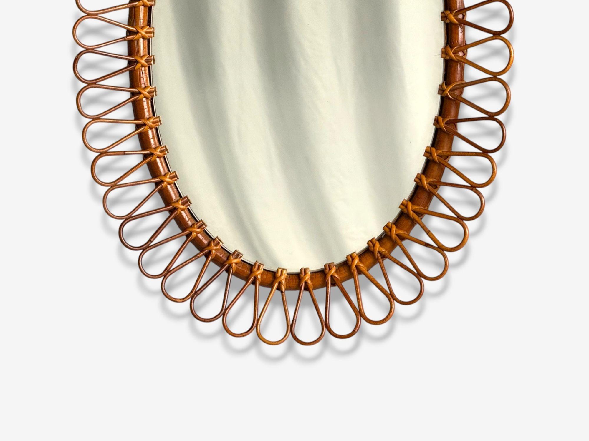 Espejo de pared ovalado, moderno italiano, bambú, caña, Italia, años 50 Italiano en venta