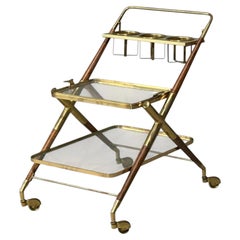 Estilo moderno italiano, carrito de bar, teca, latón, cristal, Italia, década de 1950