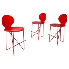Italian modern bar stools in wood and red metal, 1980s