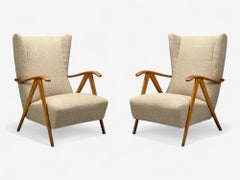 Italian Modern, Beige Boucle, Wood, Sculptural Lounge Chairs, Italy, 1960s