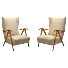 Italian Modern, Beige Boucle, Wood, Sculptural Lounge Chairs, Italy, 1960s