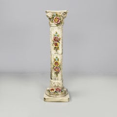 Italian modern beige ceramic column pedestal with colored flowers, 1970s