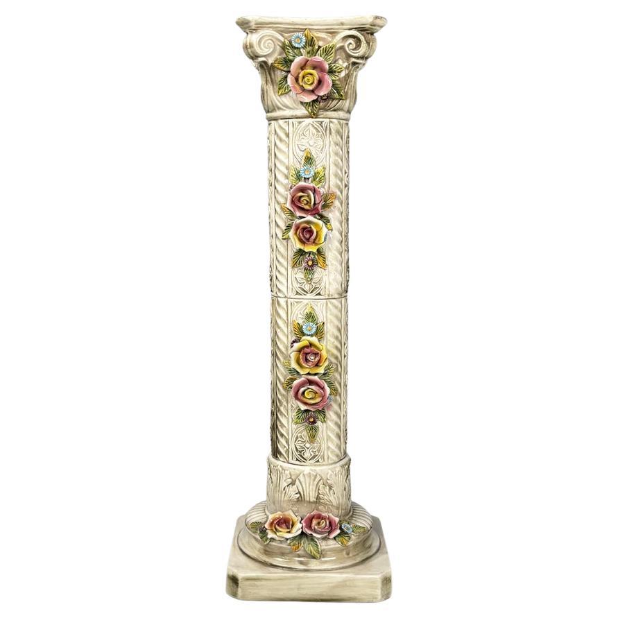 Piédestal de colonne moderne italien en céramique beige avec fleurs colorées, 1970