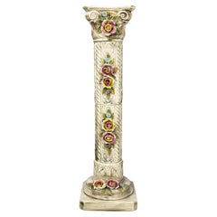 Italian modern beige ceramic column pedestal with colored flowers, 1970s
