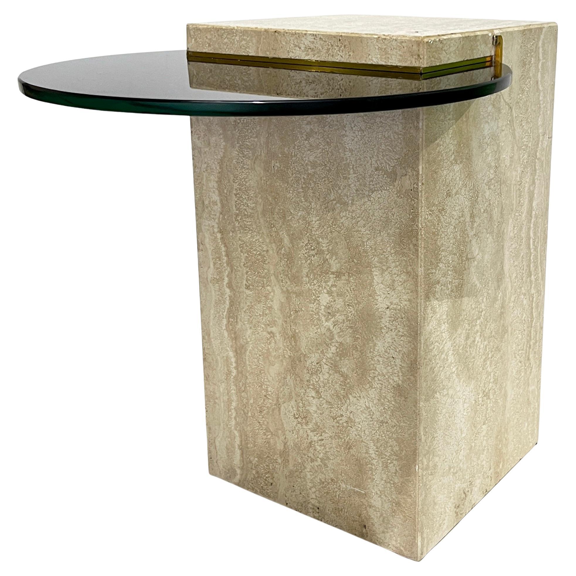 Mesa Auxiliar Moderna Italiana Travertino Beige Vidrio Negro Latón Geométrico Orgánico en venta
