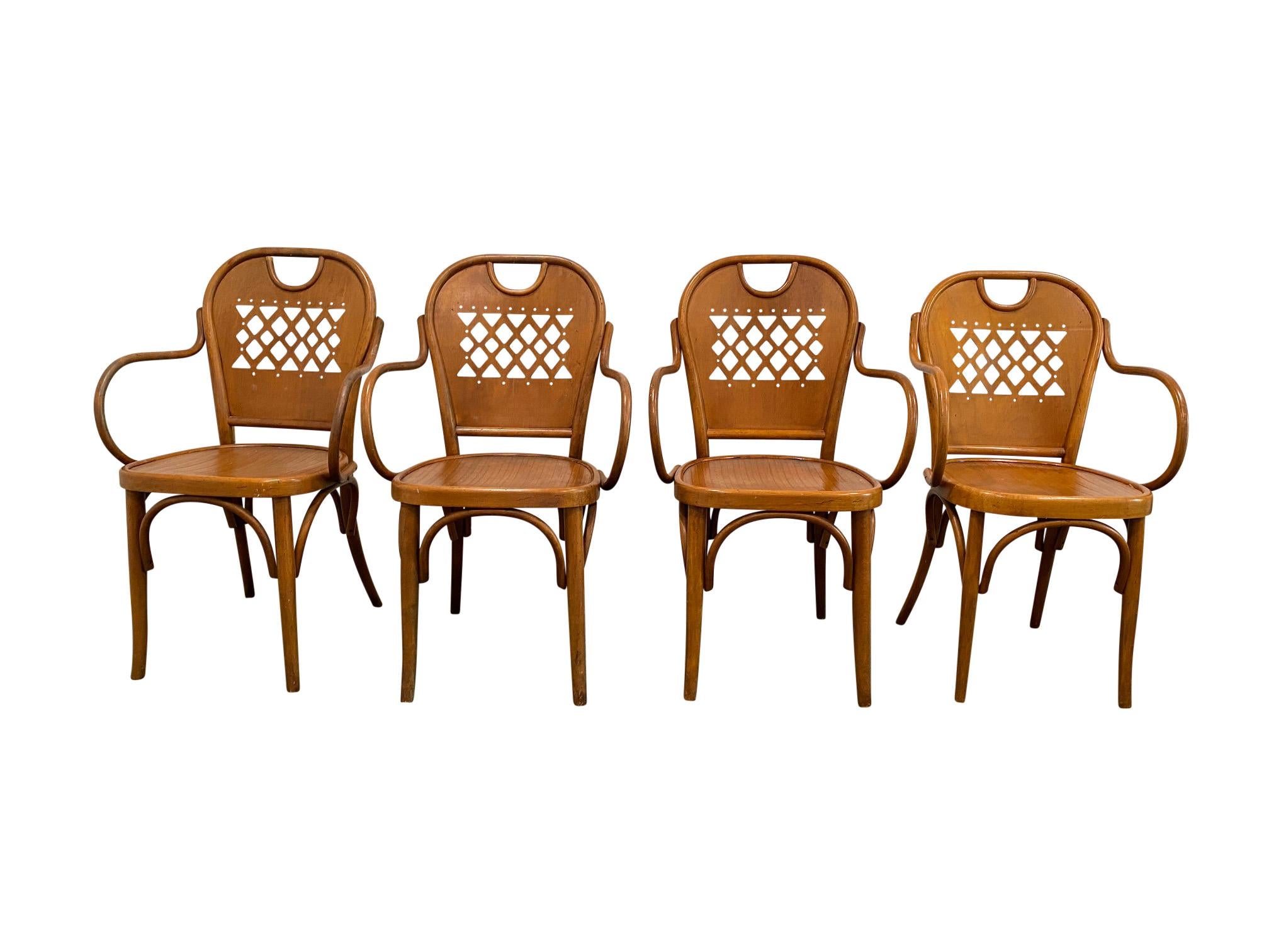 Italian modern bistro dining chairs (set 4), wood. Made in 1940s. Thonet style.