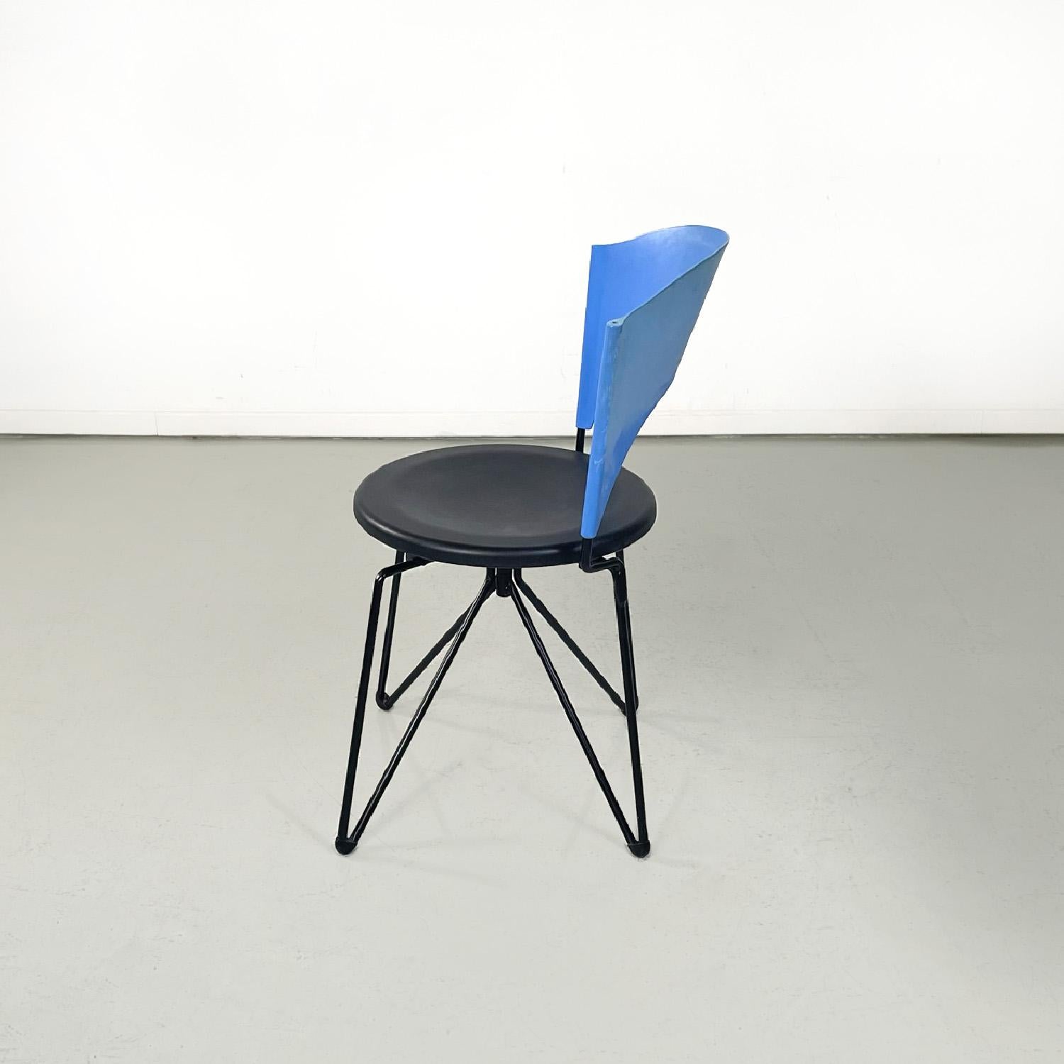 Italian modern black and blue chair Sofia by Carlo Bartoli for Bonaldi, 1980s
Folding chair mod. Sofia with structure in black painted metal rod. The round seat is in black plastic, the backrest is in light blue plastic and is slightly curved. The