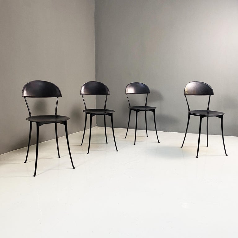 Black and chrome chairs Tonietta by Enzo Mari for Zanotta, 1985
Set of Tonietta chairs with chromed steel frame and leather seat and back. The seat is produced by Zanotta based on a design by Enzo Mari in 1985. In 1987 the project won the Compasso