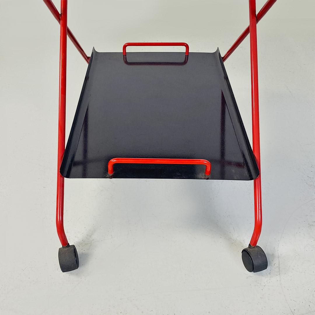 Metal Italian modern black and red metal food trolley on wheels, 1980s For Sale