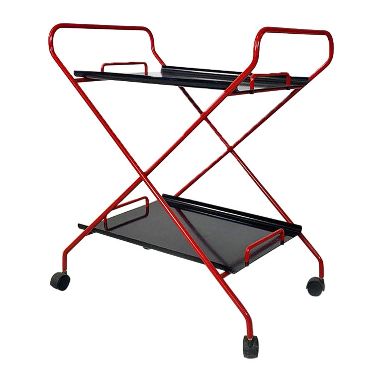 Chariot alimentaire moderne italien en métal noir et rouge sur roues, années 1980