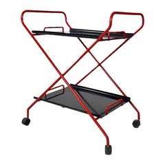 Chariot alimentaire moderne italien en métal noir et rouge sur roues, années 1980