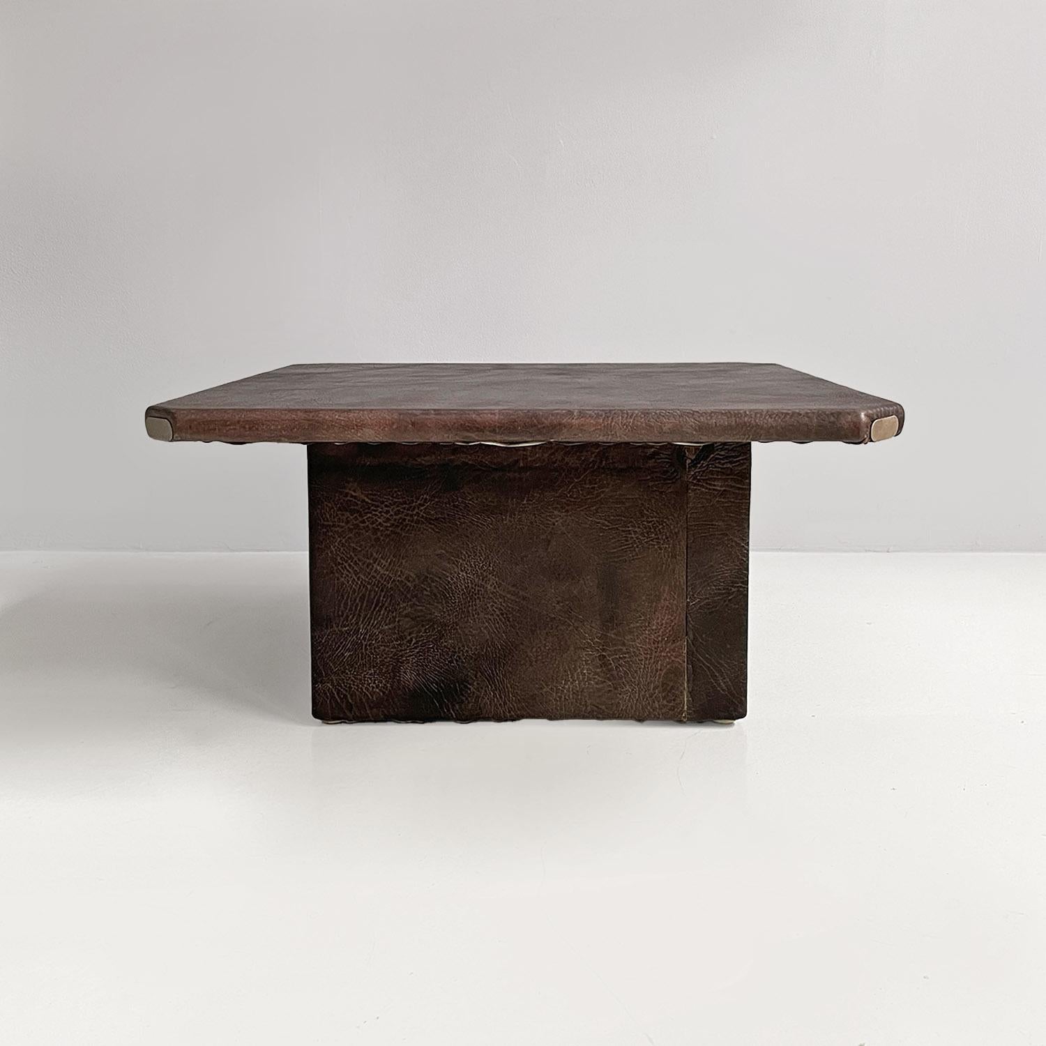 Modern Italian modern black buffalo leather coffee table with metal details, 1970s For Sale