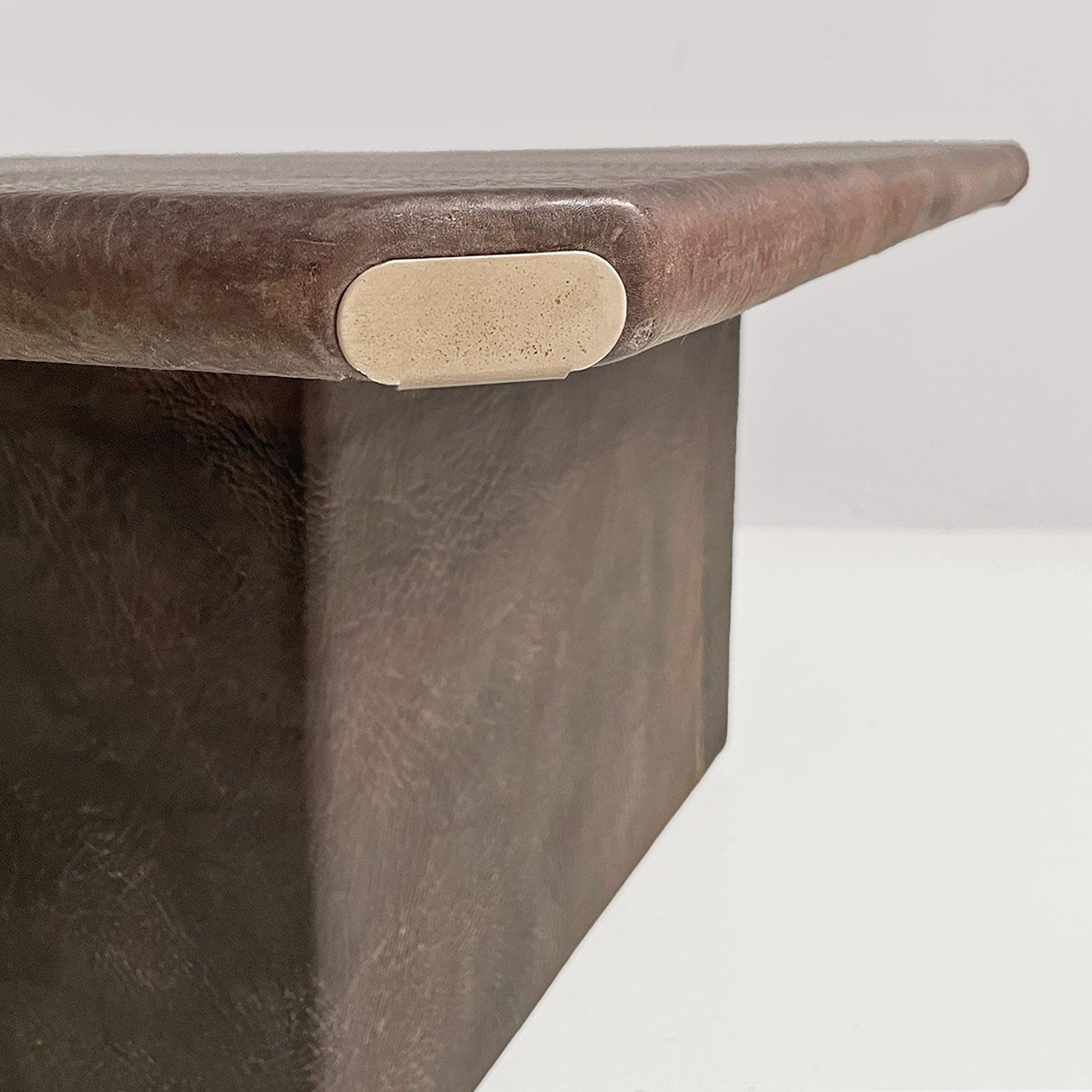 Leather Italian modern black buffalo leather coffee table with metal details, 1970s For Sale