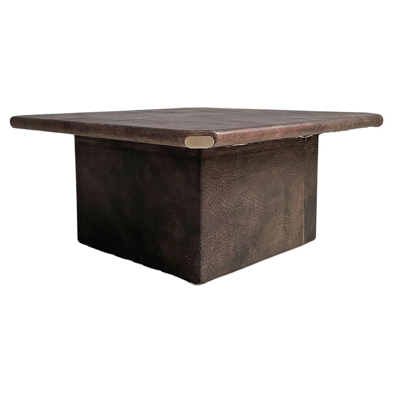 Italian modern black buffalo leather coffee table with metal details, 1970s For Sale