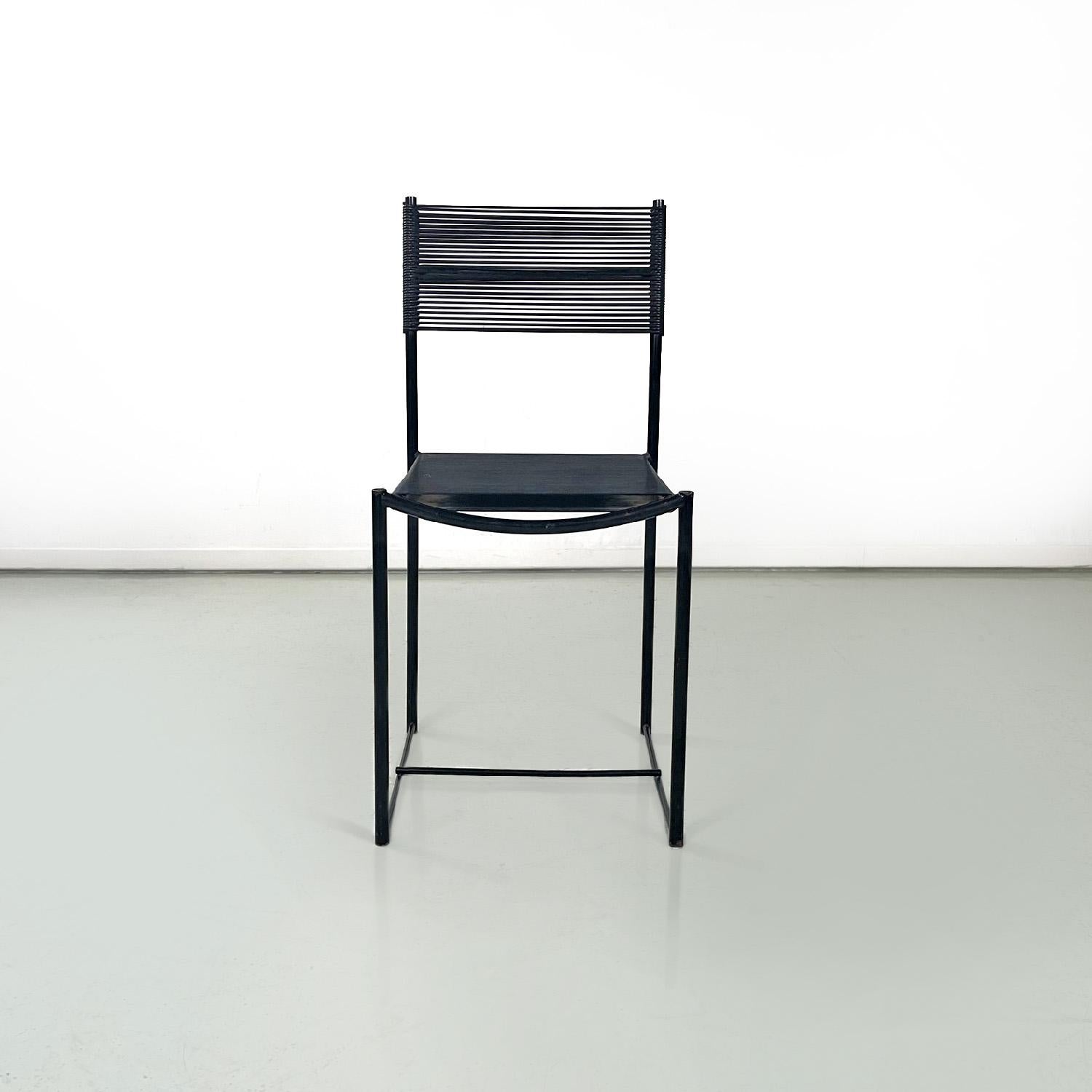 Italian modern black chairs Spaghetti by Giandomenico Belotti for Alias, 1980s
Set of six chairs mod. Spaghetti  with rectangular and elastic seat and back made from black scooby threads. The structure is in black painted metal rod with curved