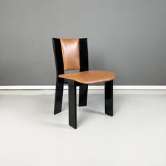 Italian Modern Black Lacquered Brown Leather Chairs Acerbis International, 1980s