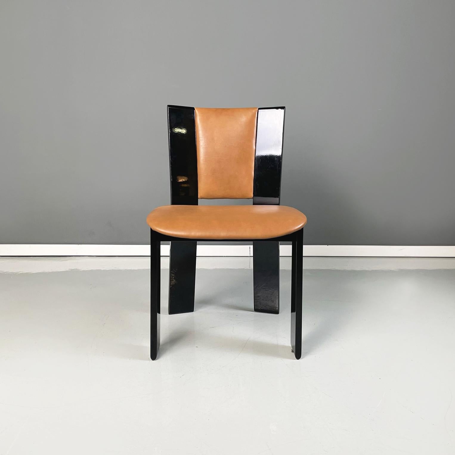 Italian Modern Black Lacquered Brown Leather Chairs Acerbis International, 1980s In Good Condition For Sale In MIlano, IT
