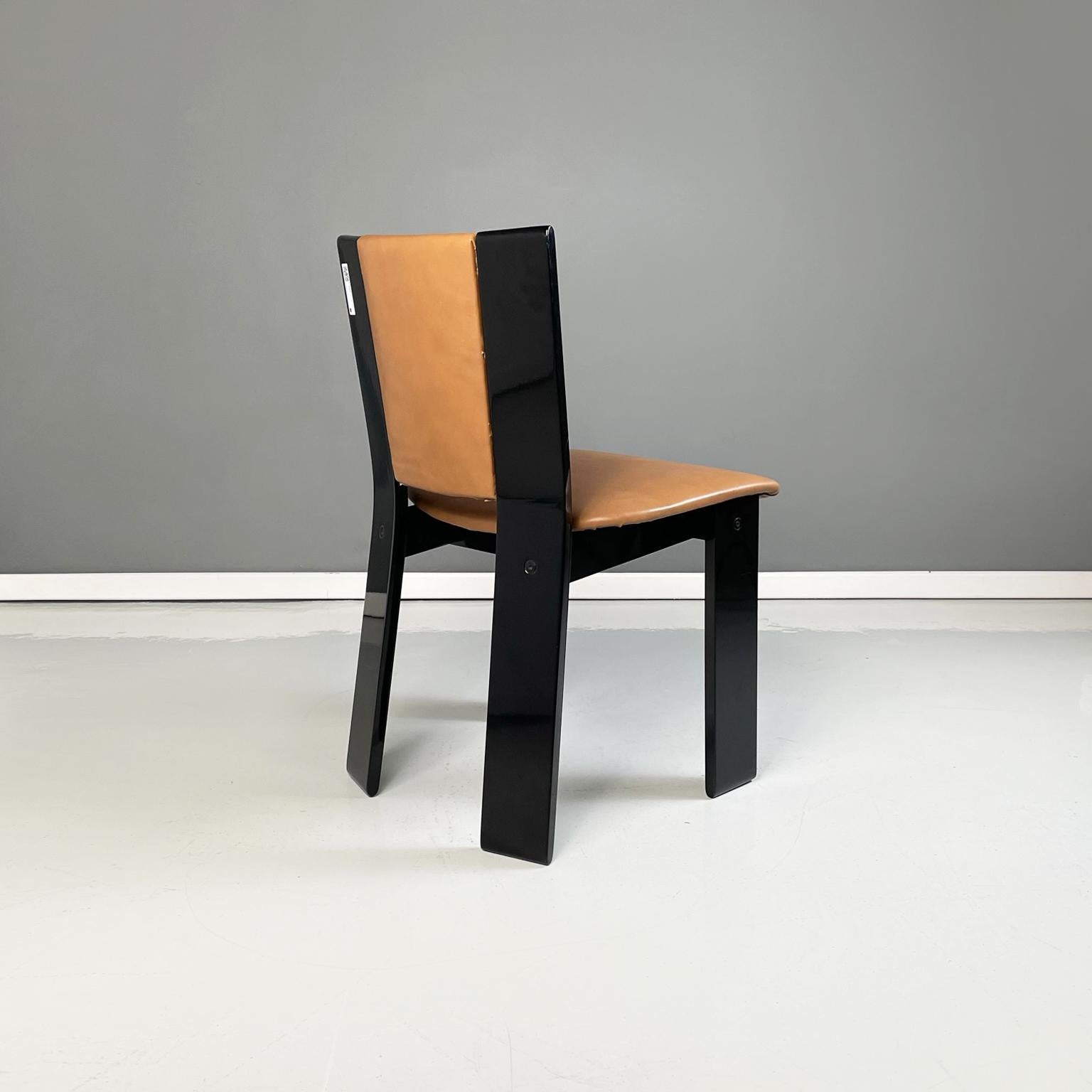 Italian Modern Black Lacquered Brown Leather Chairs Acerbis International, 1980s For Sale 1