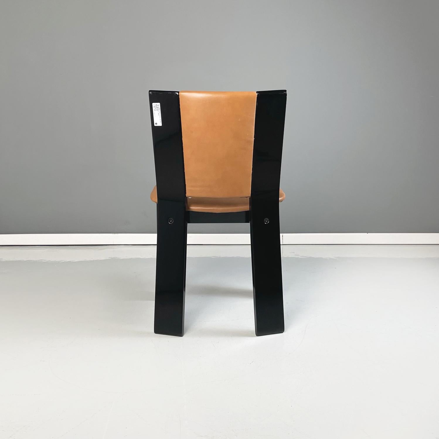Italian Modern Black Lacquered Brown Leather Chairs Acerbis International, 1980s For Sale 2