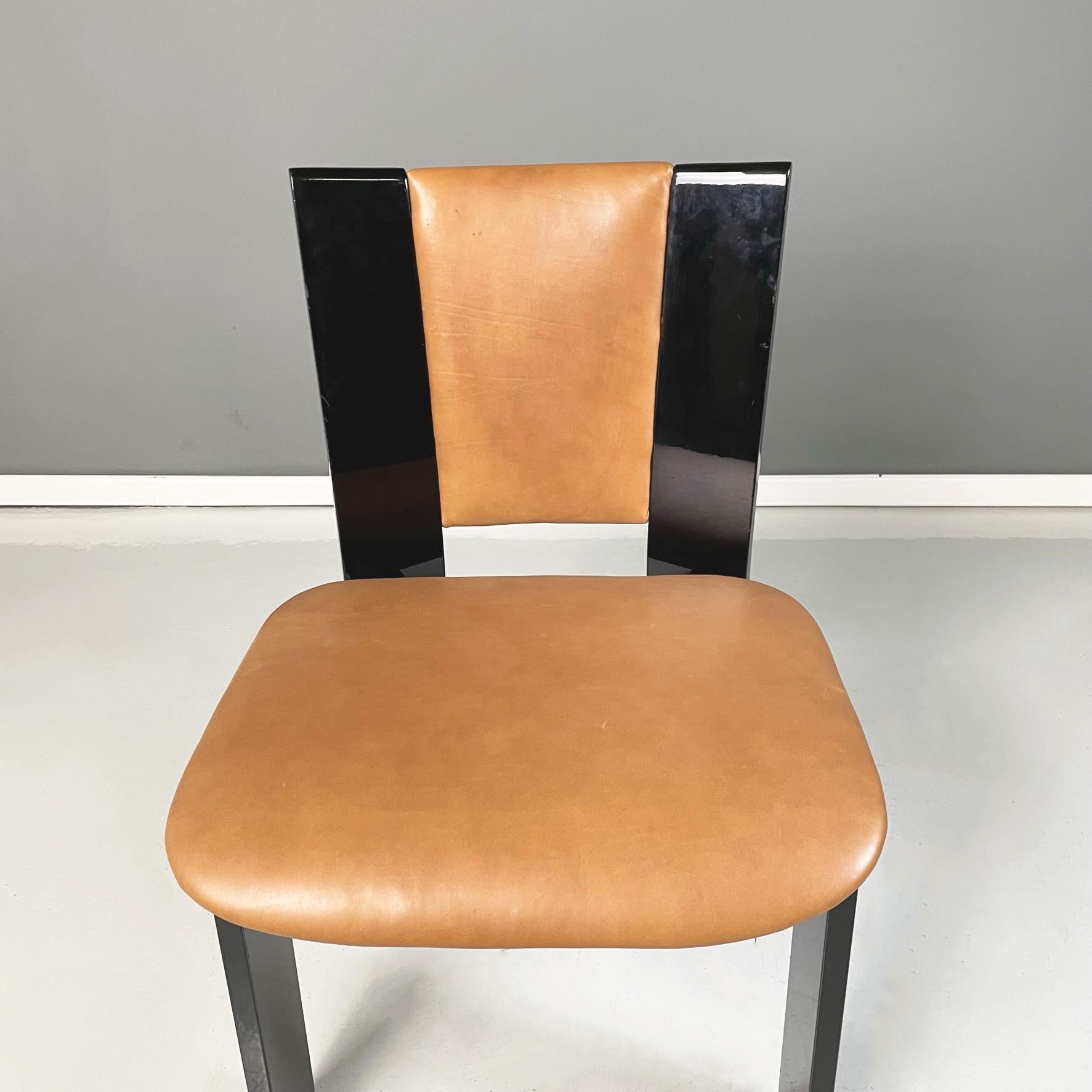 Italian Modern Black Lacquered Brown Leather Chairs Acerbis International, 1980s For Sale 3