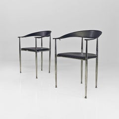 Italian modern black leather and chromed steel cockpit chairs, 1970s