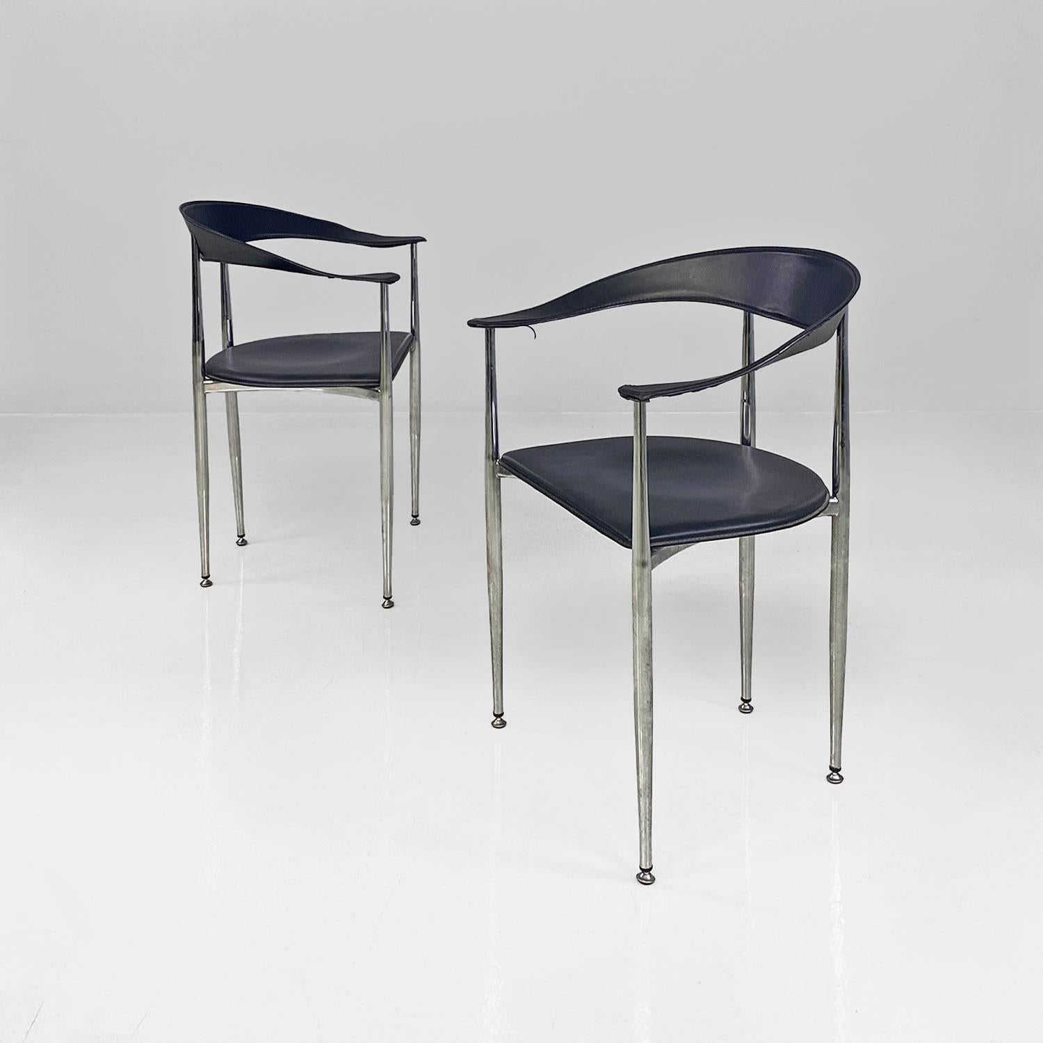 Post-Modern Italian modern black leather and chromed steel cockpit chairs, 1970s For Sale