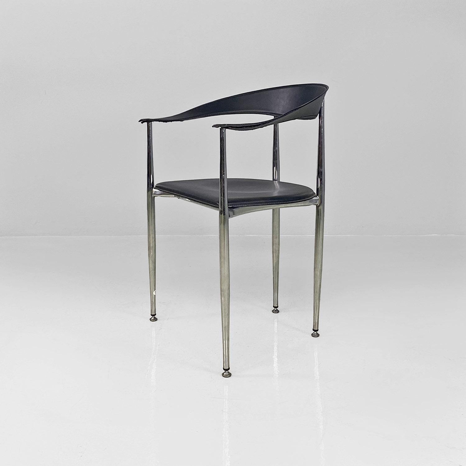 Italian modern black leather and chromed steel cockpit chairs, 1970s In Good Condition For Sale In MIlano, IT