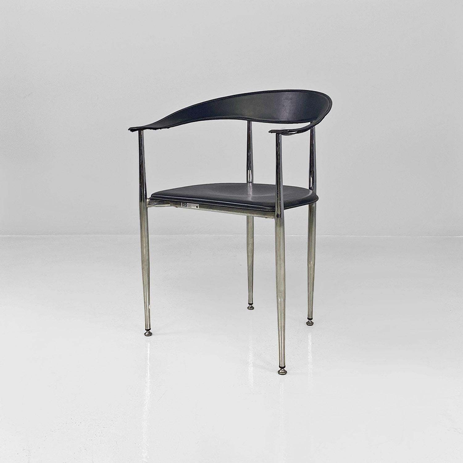 Late 20th Century Italian modern black leather and chromed steel cockpit chairs, 1970s For Sale