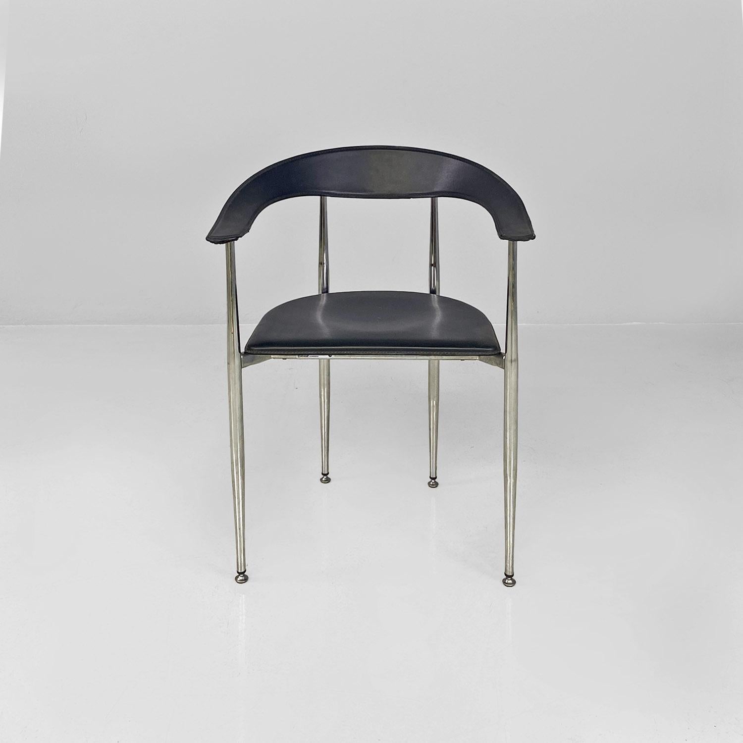 Steel Italian modern black leather and chromed steel cockpit chairs, 1970s For Sale