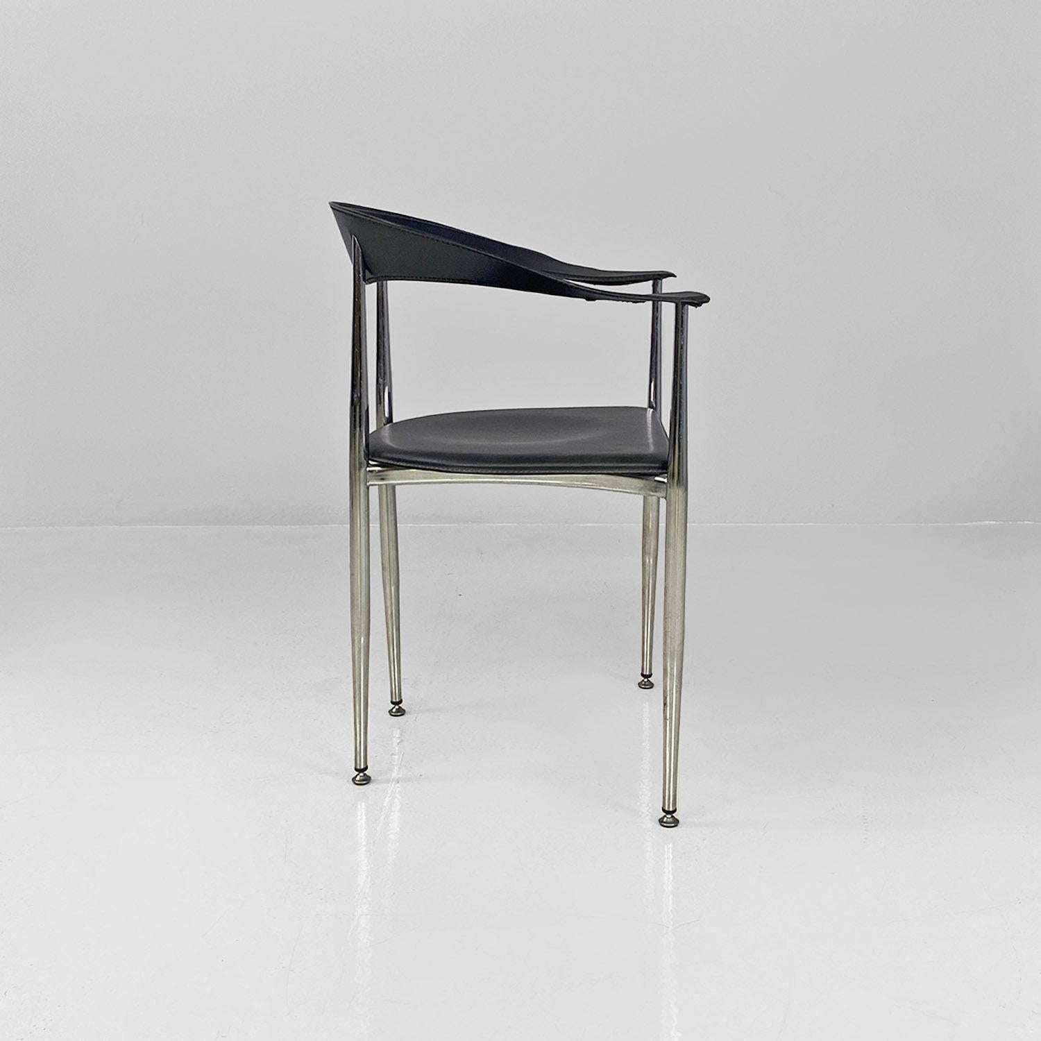 Italian modern black leather and chromed steel cockpit chairs, 1970s For Sale 1
