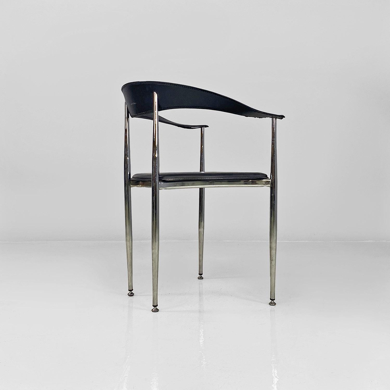 Italian modern black leather and chromed steel cockpit chairs, 1970s For Sale 2