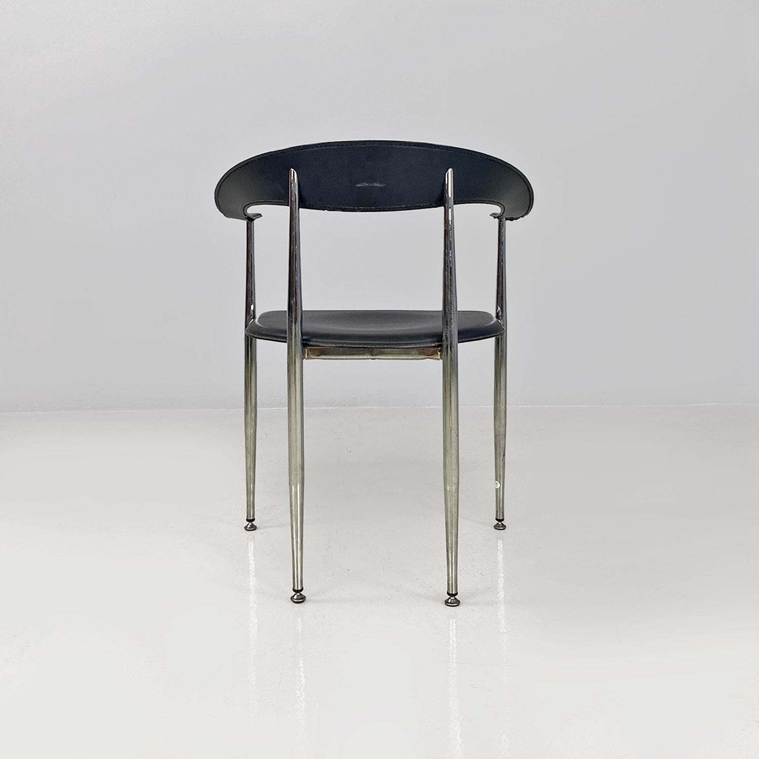 Italian modern black leather and chromed steel cockpit chairs, 1970s For Sale 3