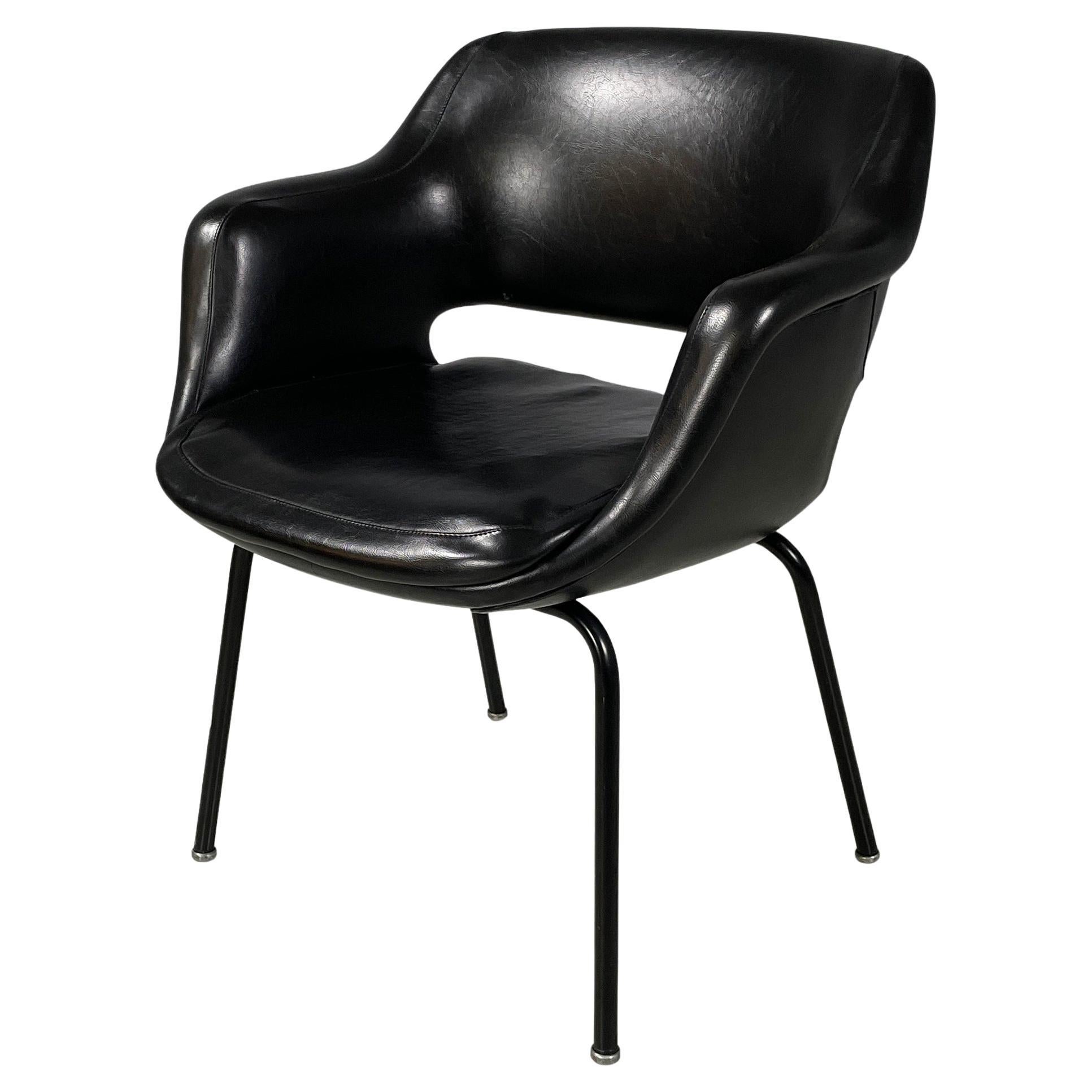 Italian modern black leather and metal armchair by Cassina, 1970s