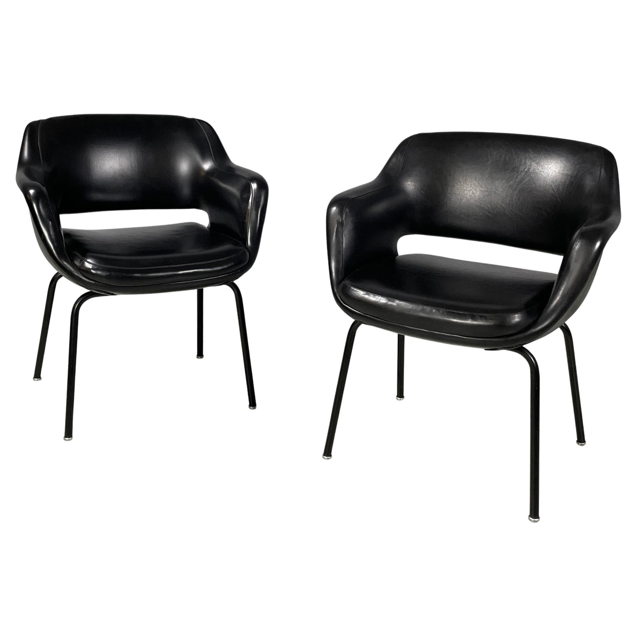 Italian modern black leather and metal armchairs by Cassina, 1970s
