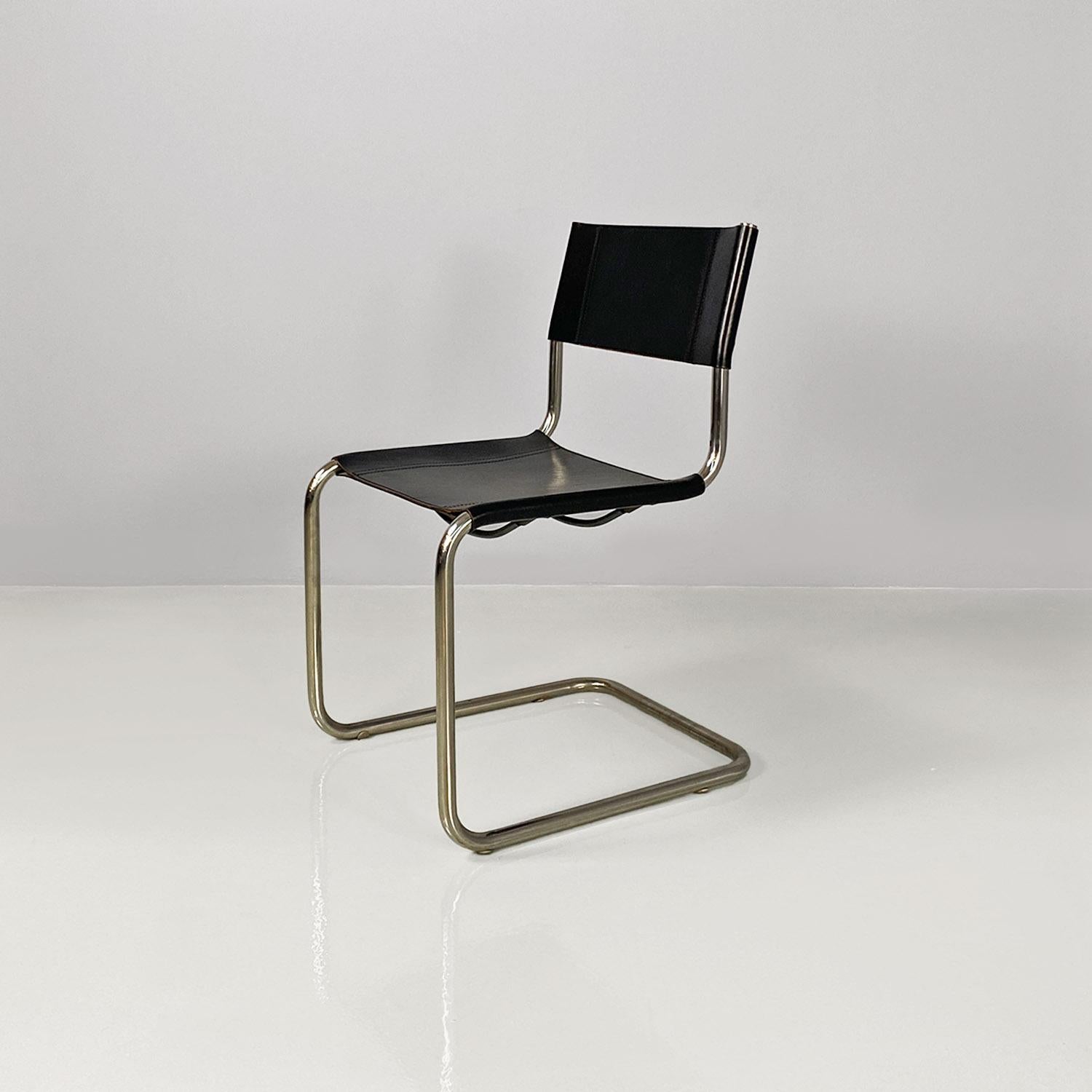 Modern Italian modern black leather and tubolar chromed metal chairs by Zanotta, 1970s For Sale
