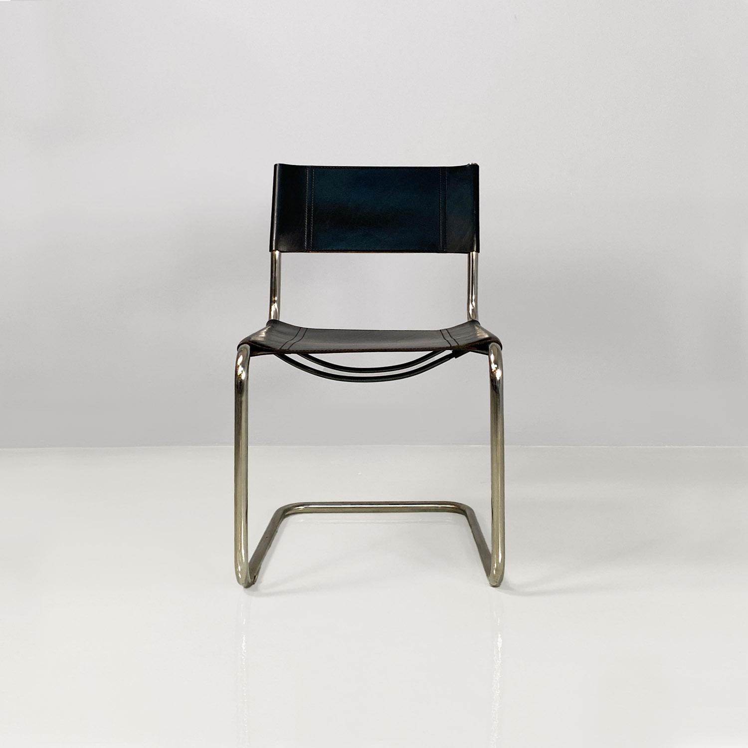 Italian modern black leather and tubolar chromed metal chairs by Zanotta, 1970s In Good Condition For Sale In MIlano, IT