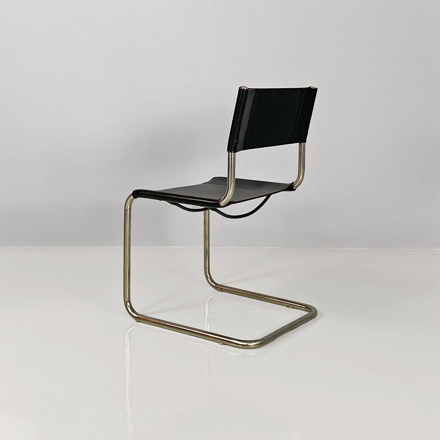 Metal Italian modern black leather and tubolar chromed metal chairs by Zanotta, 1970s For Sale