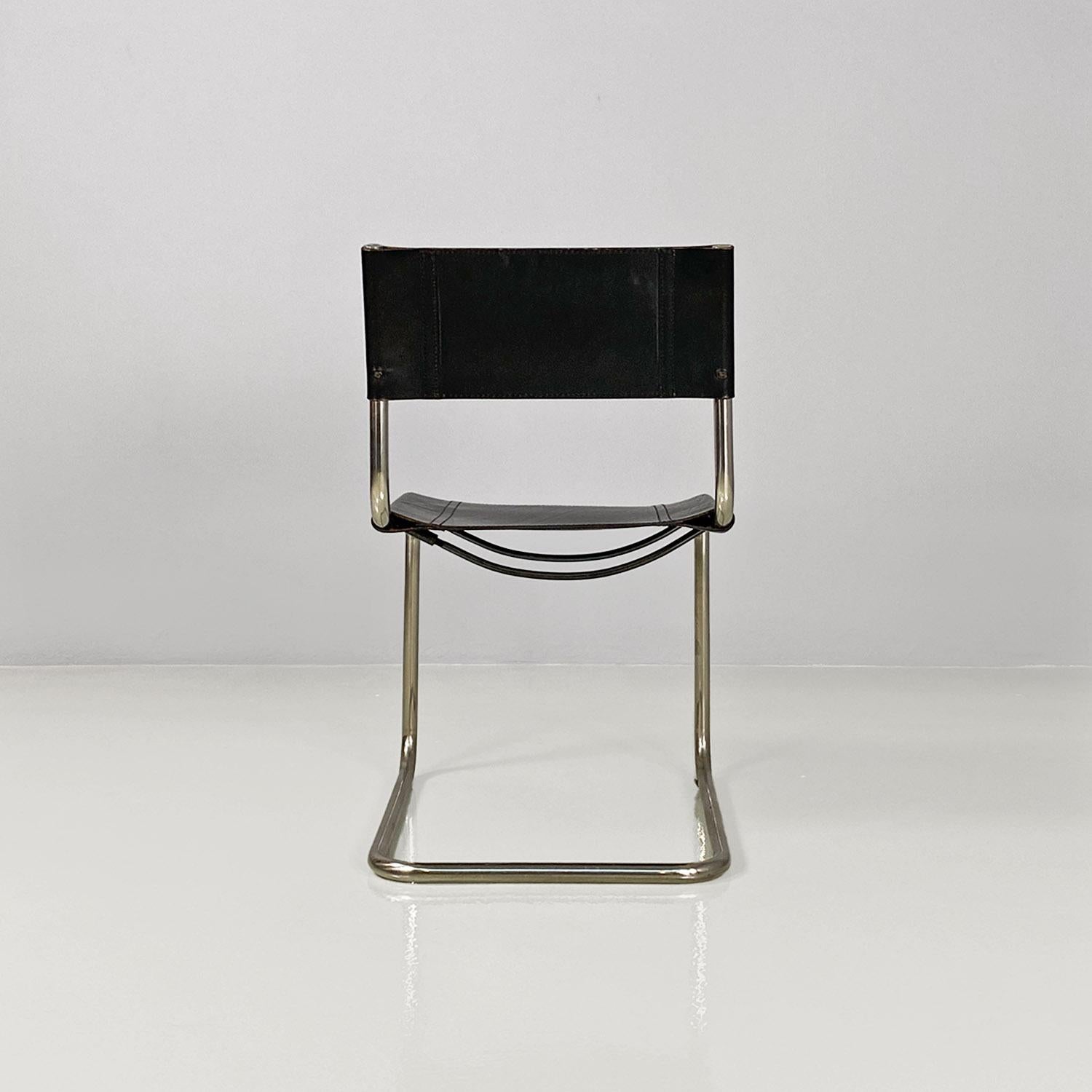Italian modern black leather and tubolar chromed metal chairs by Zanotta, 1970s For Sale 1