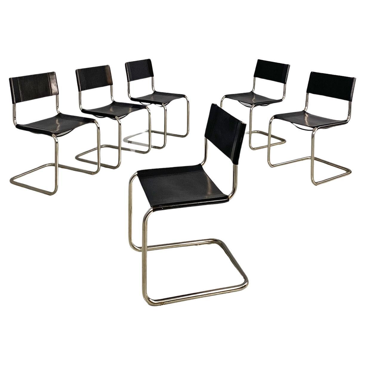 Italian modern black leather and tubolar chromed metal chairs by Zanotta, 1970s