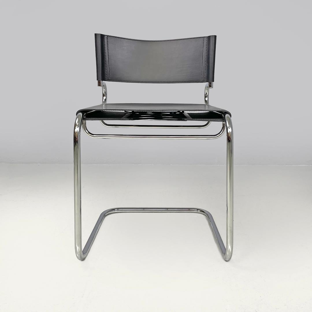 Italian modern black leather chairs Terry by Luigi Saccardo for Arrmet, 1970s
Set of four Terry model chairs with chromed metal tubular structure. The seat and backrest are made up of two black leather bands.
Produced by Arrmet in 1970s and designed