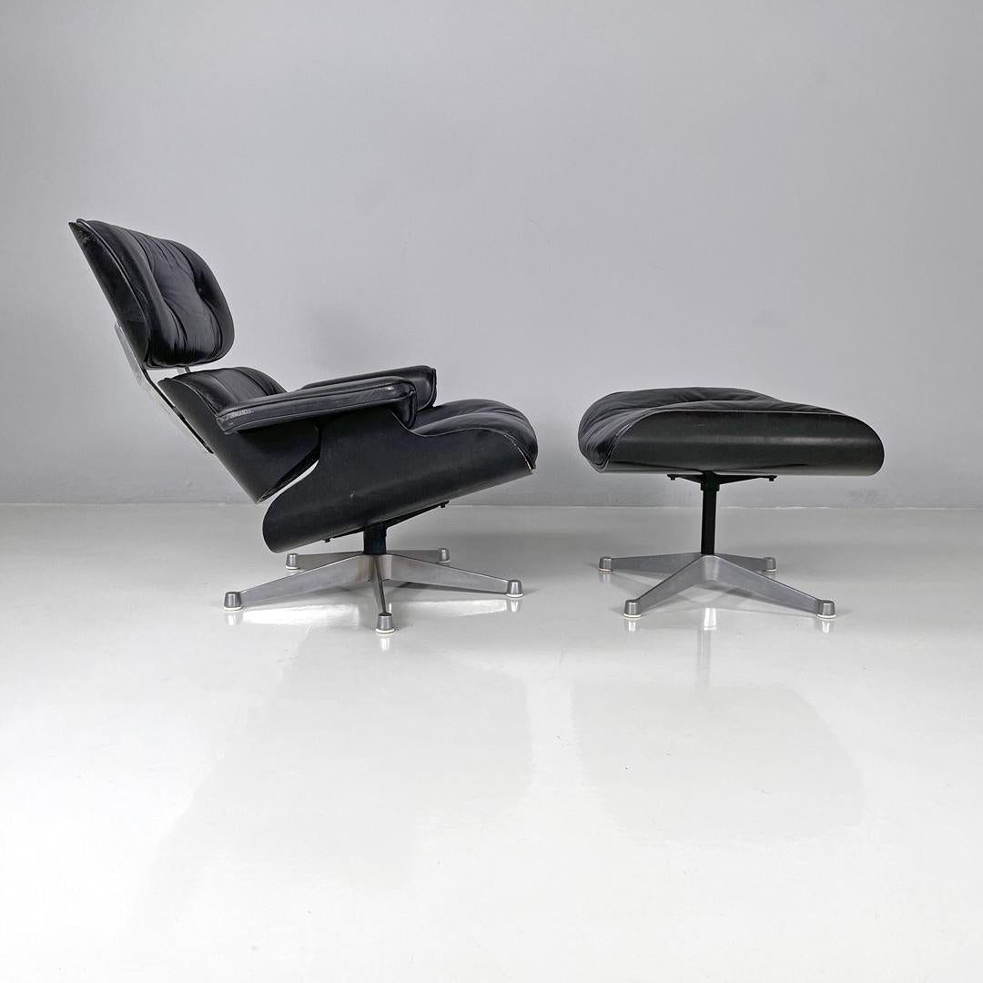 Italian modern black leather lounge chair 670 671 by Eames for ICF, 1970s In Fair Condition For Sale In MIlano, IT