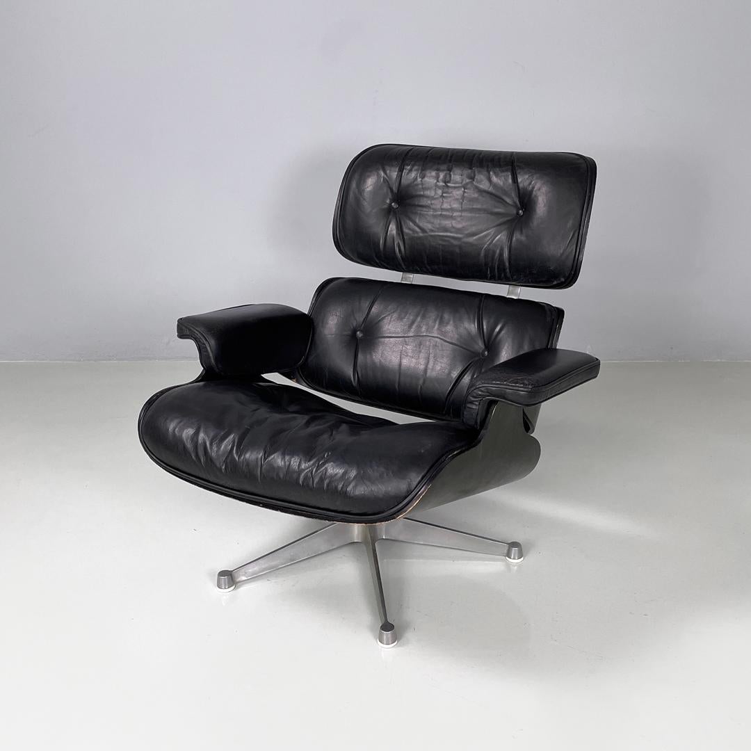 Metal Italian modern black leather lounge chair 670 671 by Eames for ICF, 1970s For Sale